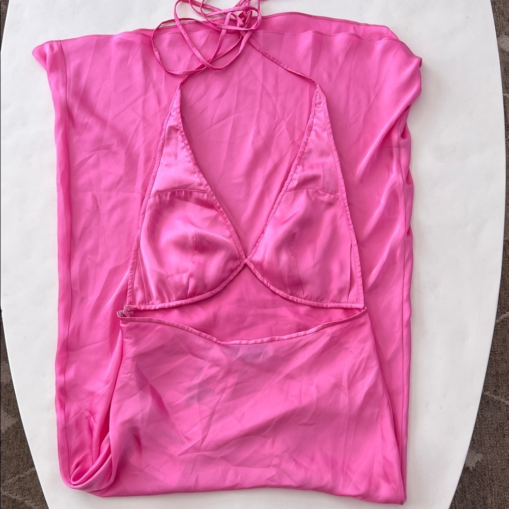 Nwt Onarin Ms. Pleat Silk Halter Midi Dress In Dragonfruit Pink Xs $289 — image 6 of 8